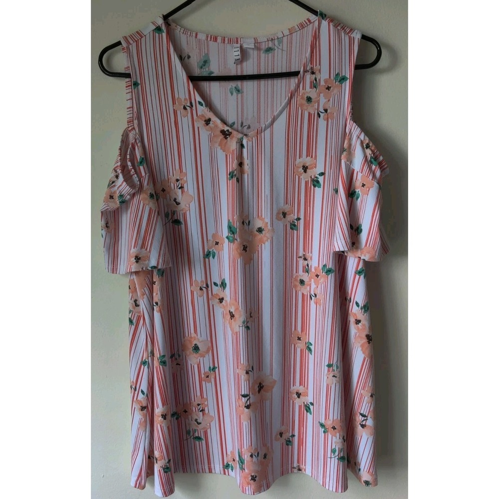 Elle Women's Cold Shoulder Top Orange/White Stripe Flowers Shirt Sleeve‎ Size XL